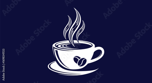 Elegant white line art illustration of a hot coffee cup.