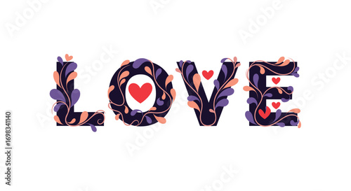 Elegant floral typography design featuring the word love decorated with hearts and leaves
