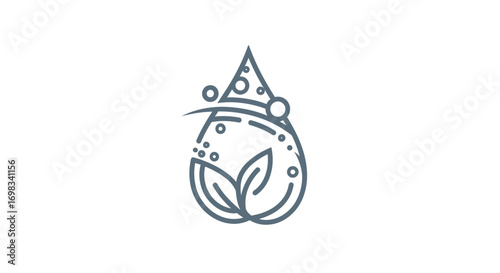 Natural Pure Water Droplet with Plant Sprout Line Art.