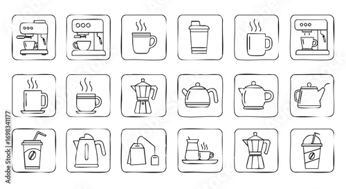 Elegant line art collection of coffee makers, teapots, and mugs, perfect for minimalist designs and cafe themes