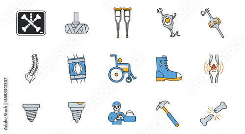 Orthopedics and Bone Health Icons Set, Medical Symbols for Joints, Bones, Fractures, and Musculoskeletal Care