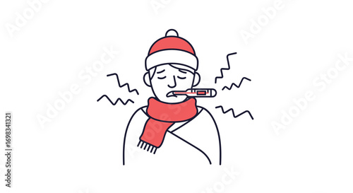 Feeling unwell a person with a thermometer in their mouth wearing a hat and scarf
