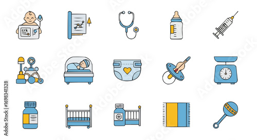 Pediatrics medical icons set, healthcare symbols for children and infants, pediatrician clinic illustrations for medicine and hospital services