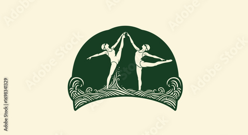 Artistic emblem of two symmetrical dancers on stylized waves.