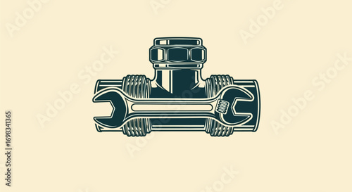 Creative industrial illustration of a pipe fitting with wrenches.
