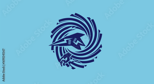Dynamic swirling emblem with a futuristic bird design.