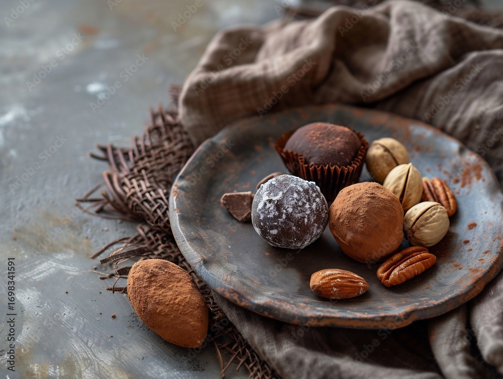 Fototapeta premium chocolate truffles and nuts on rustic plate soft 2