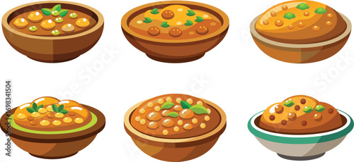 Six bowls of stew with garnish on a white background illustration