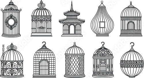 Birdcages, decorative, ornate, vintage, set, collection, cage, design, element, black, silhouette, outline, vector, illustration, isolated, icon, graphic, symbol, antique, ornamental, home, decor