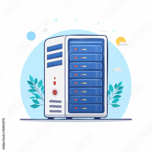White Server Rack With Blue Data Panels and Green Leaves On Light Blue Circular Background