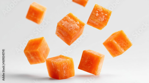 A small diced carrot pieces floating in the air on a white background