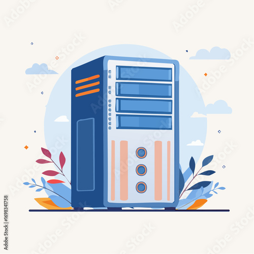 Blue And Orange Server Illustration With Clouds And Floral Accents