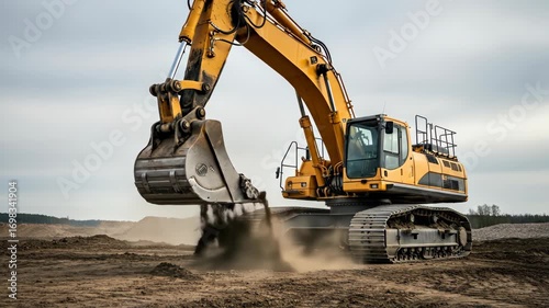 A yellow excavator digs into the soil at a construction site under a grey, cloudy sky. Heavy equipment for earthmoving and industrial development.