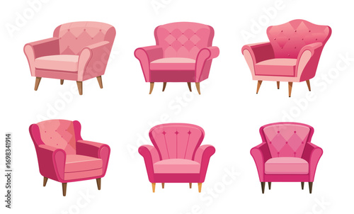 Collection of Six Cartoon Pink Armchairs on a White Background for Interiors