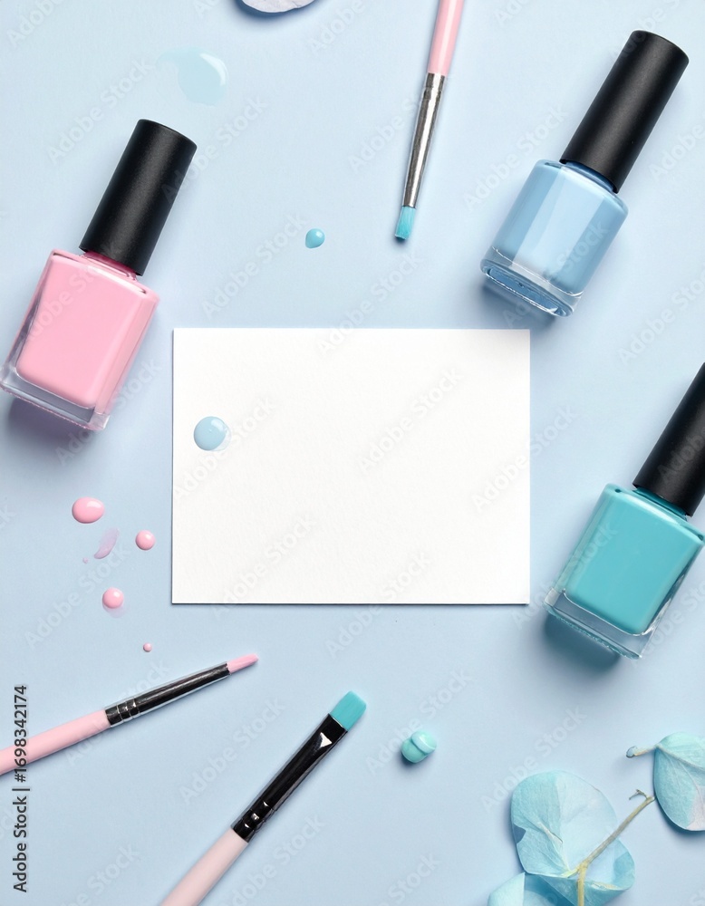 Pastel Pink and Blue Nail Polish Bottles and Brushes with Blank Card Pastel Pink and Blue Nail Polish Bottles and Brushes with Blank Card