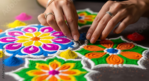 Hands with rings meticulously crafting a vibrant floral rangoli with colorful powders.