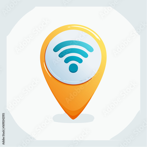 Orange Location Pin With Blue Wifi Symbol On White Circular Background