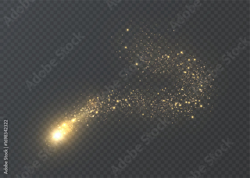 A golden, glowing, curved light trail with sparkling dust on a transparent background. Perfect for comet effects, magic spells, fantasy attacks, fireworks, and festive overlays.