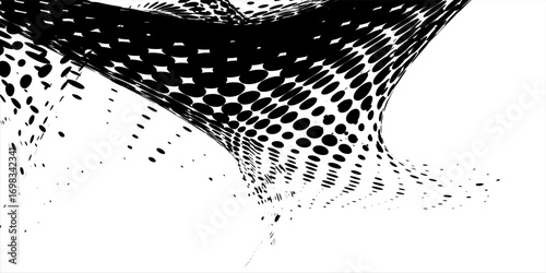  Abstract black dot pattern with 3D distortion effect on white background, creating a futuristic optical illusion that is modern, dynamic, and dramatic.