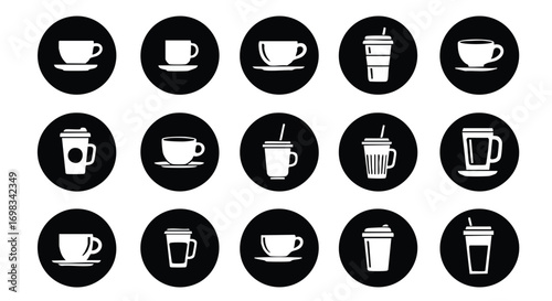 Modern coffee icon set for cafe branding and menu design projects, black and white minimalist graphics