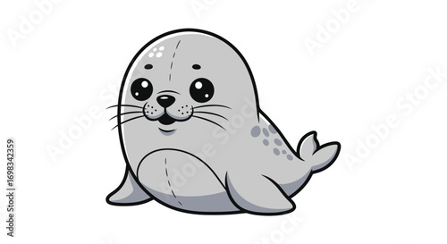 Cute Grey Cartoon Baby Seal Smiling Illustration.