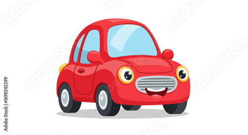 Adorable Red Cartoon Car with Big Eyes and Smiling Face.