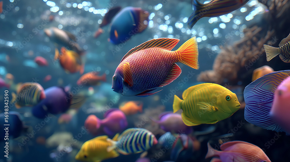 Fototapeta premium Underwater Kaleidoscope: A mesmerizing view of vibrant, colorful fishes gracefully navigate a bright aquarium, bringing joy and wonder.