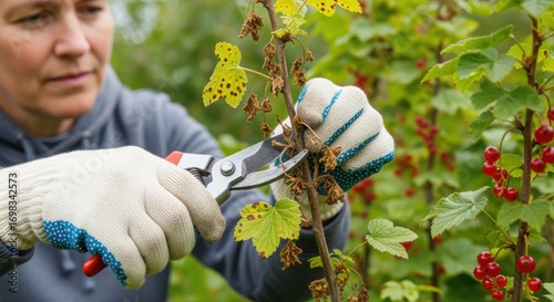 Medium shot of a person carefully pruning damaged currant branches to prevent the spread of common leaf spot diseases.