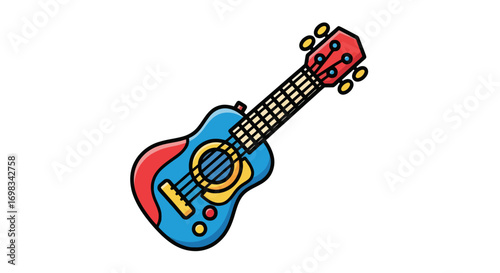 Colorful Cartoon Ukulele with Red Headstock and Blue Body.