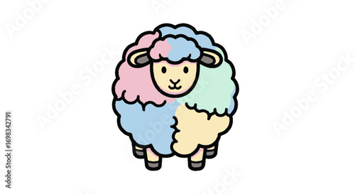 Adorable cartoon sheep with pastel multicolored wool illustration.