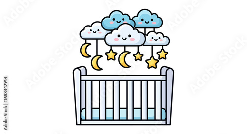 Cute Cartoon Crib with Cloud and Moon Mobile.