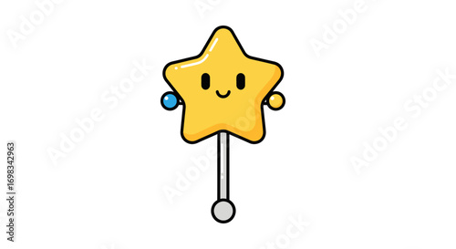 Cute cartoon yellow star rattle with smiling face and colorful beads.