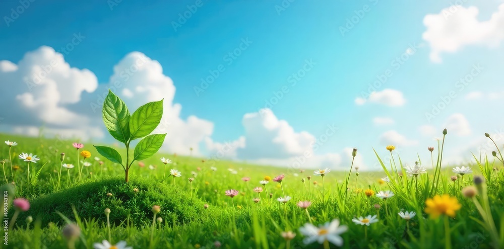 Obraz premium A lush green field with blooming wildflowers, a vibrant blue sky, and a single sprouting plant symbolizing new growth and environmental protection on Earth Day , fauna, scenery, conservation