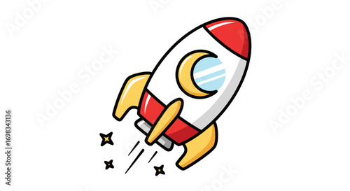 Cartoon rocket ship with crescent moon window launching into space.