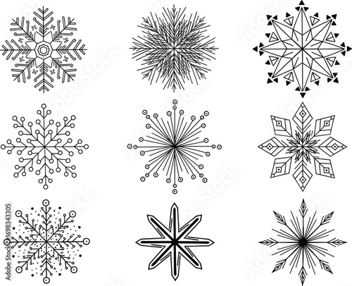 Collection of nine unique hand-drawn snowflake designs, winter vector illustrations perfect for holiday, Christmas, seasonal, and decorative projects.