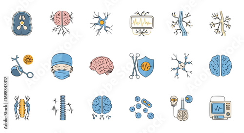 Neurology and Brain Health Icons Pack with Neurons And Brain Scan Etc.