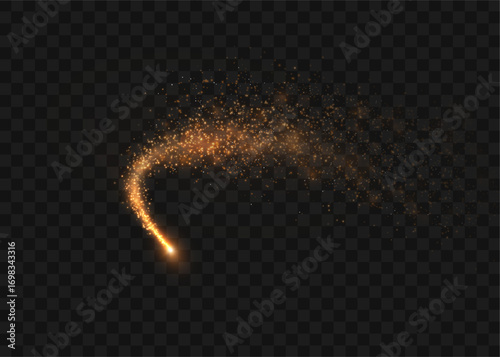 A golden, glowing, curved light trail with sparkling dust on a transparent background. Perfect for comet effects, magic spells, fantasy attacks, fireworks, and festive overlays.