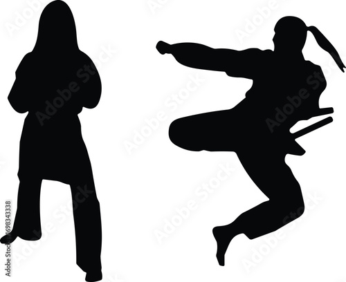 Martial arts fighter silhouette, karate pose, ninja action jump, combat training, sport movement, self defense stance, cad drawing flat vector illustration