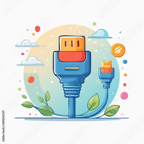 Blue And Orange HDMI Cable With Green Leaves On Light Blue Background