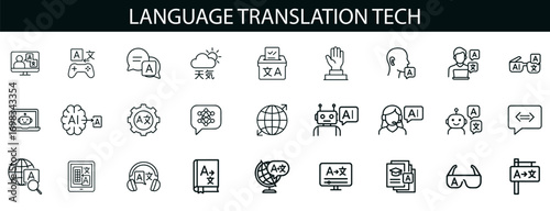“Language Translation Icons – AI Speech Recognition, Multilingual Apps & Global Communication Devices”
