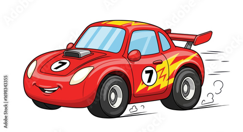 Cheerful cartoon racing car with number 7 and lightning bolt decals.