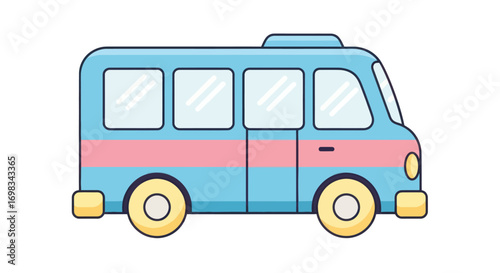 Cartoon-style Blue Van with Pink Stripe and Cream Wheels.
