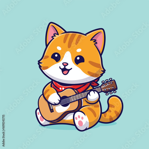 A cartoon orange tabby cat with a red bandana plays an acoustic guitar sitting on a light blue background