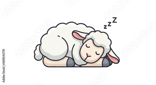 Adorable Cartoon Sheep Sound Asleep Curled Position.