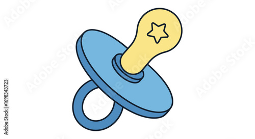 Blue and yellow baby pacifier with star detail.
