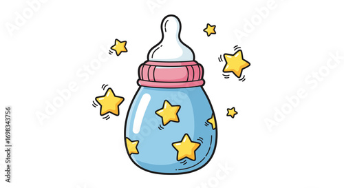 Cartoon Baby Bottle with Blue Body and Yellow Stars.
