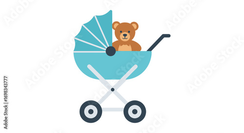 Baby Stroller with Teddy Bear Blue Pram Illustration.
