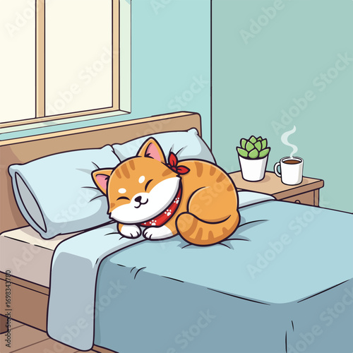 An orange Shiba Inu sleeps on a bed with a red bandana next to a plant and coffee