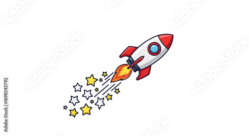 Cartoon Rocket Ship Launching with Trail of Stars.