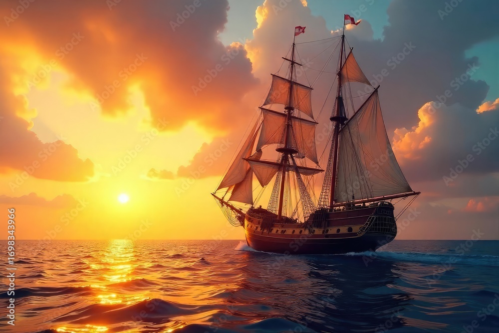Fototapeta premium Majestic Sailing Ship at Sunset, Calm Ocean, Golden Hour, Billowing Sails, Classic Sailing Vessel, Tranquil Seascape
